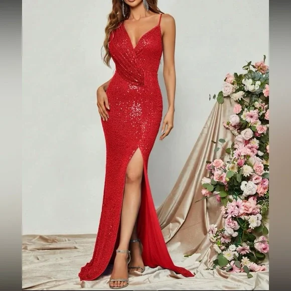 Luxe slit thigh prom wedding party sequins  dress LAST PACK - Picture 2 of 6